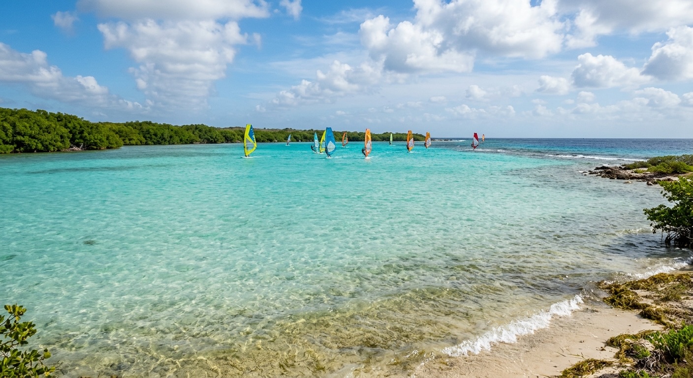 Shallow turquoise water in a bay edged with green mangroves