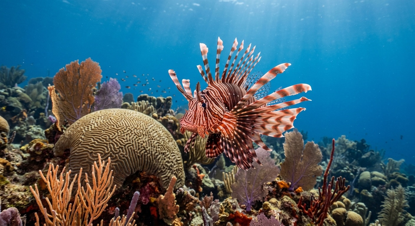 A lionfish with long striped fins hovering above a reef