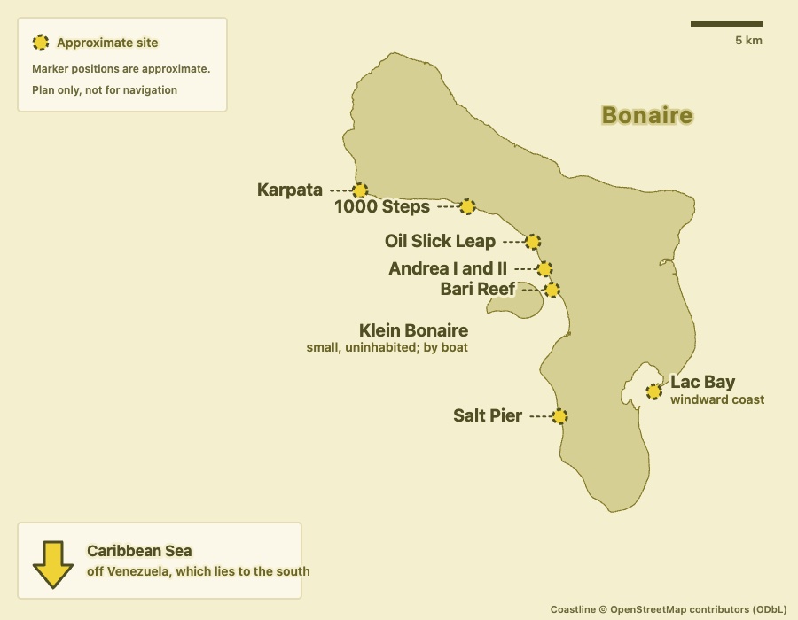Plan map of Bonaire and Klein Bonaire with approximate dive sites marked along the west coast