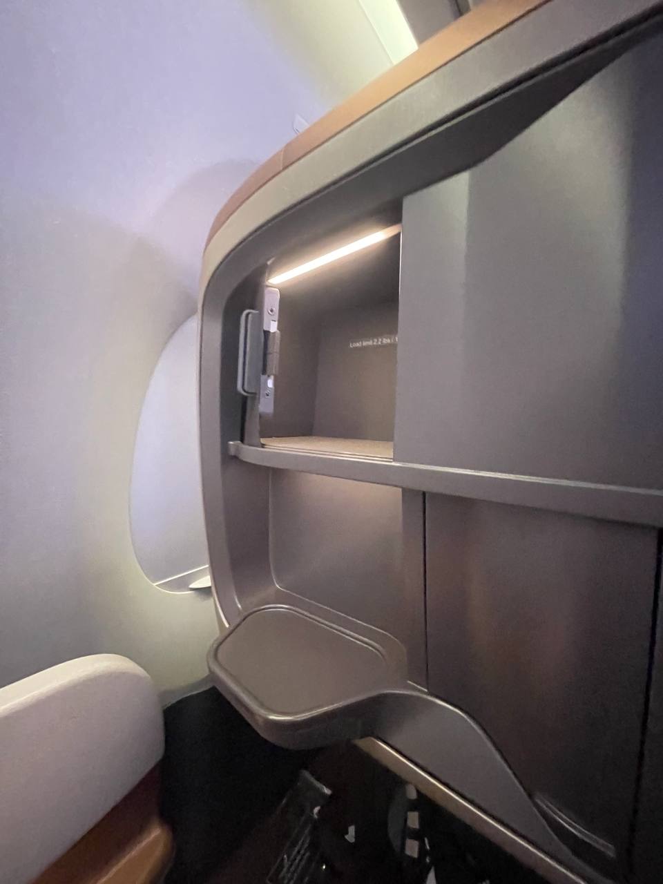 Storage shelves in Singapore Airlines A350 business class