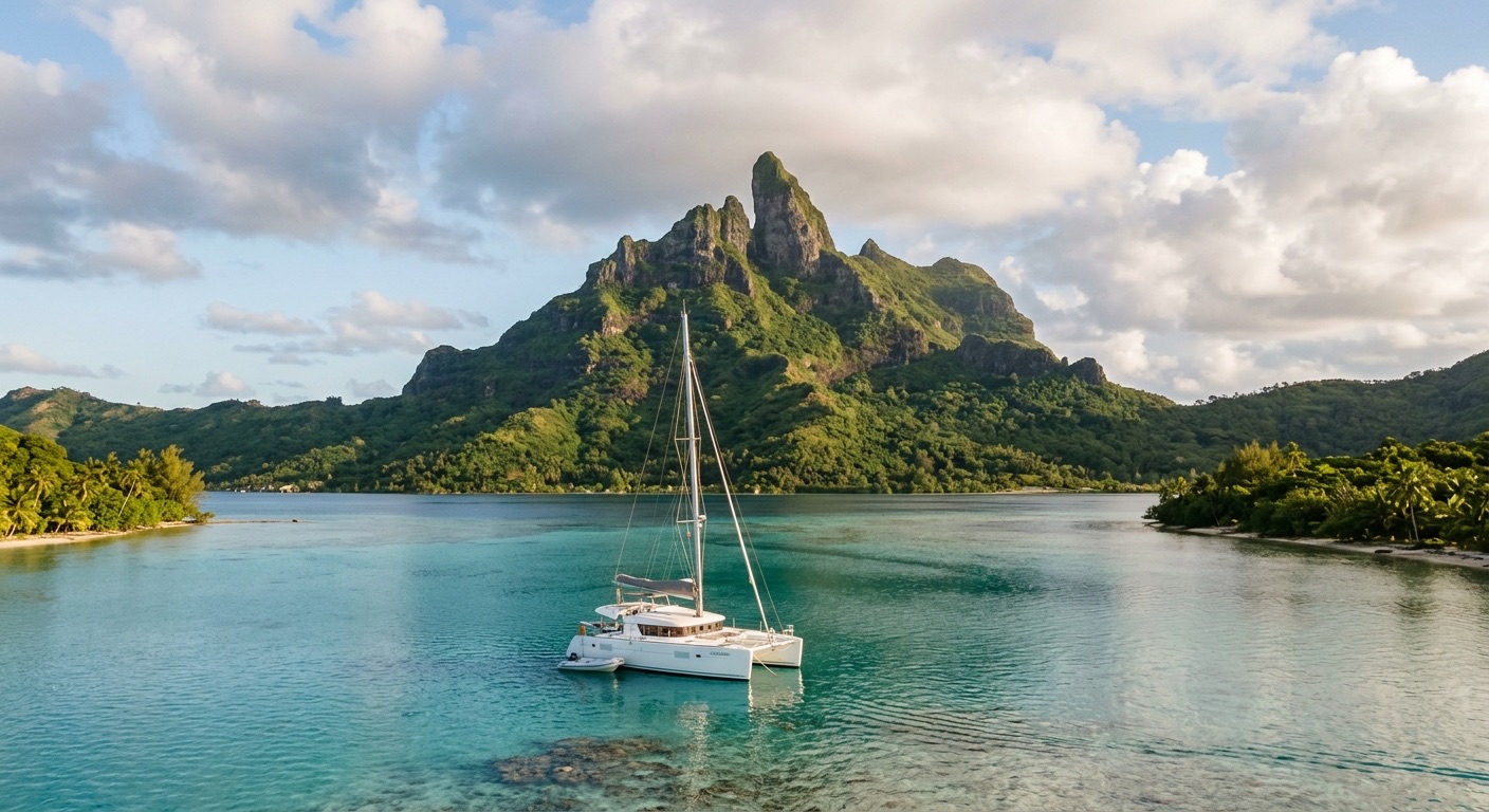 A catamaran on a mooring in a calm lagoon below a tall green peak