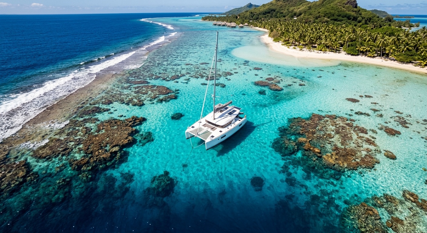 A catamaran at anchor inside a turquoise lagoon, with the barrier reef and open ocean beyond