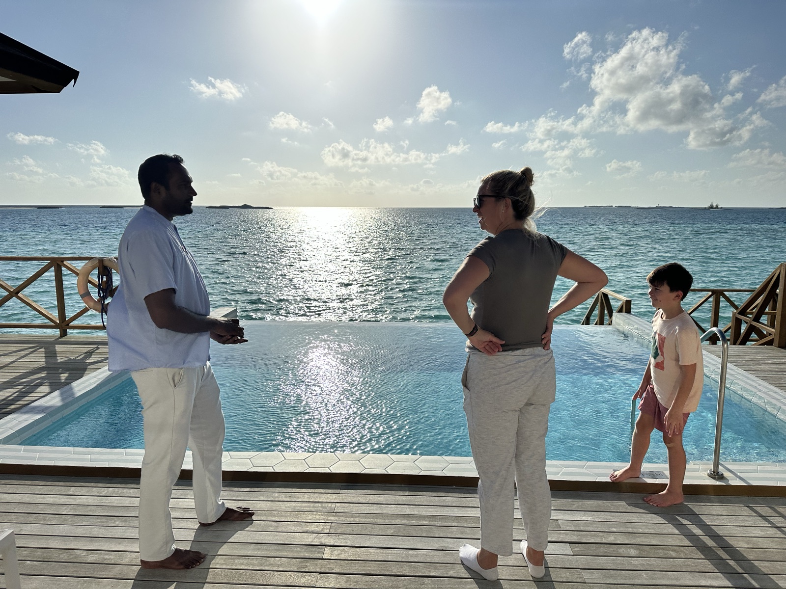 On the villa deck, with the lagoon all around