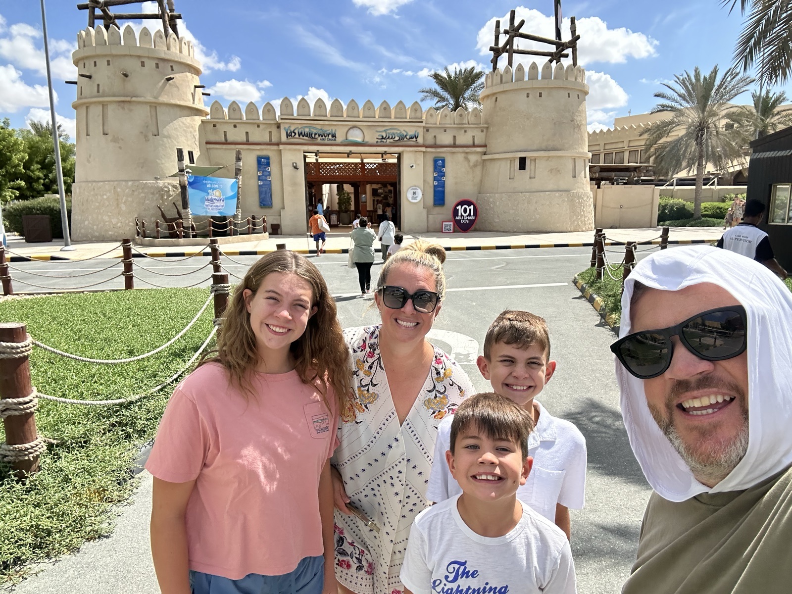 The five of us at the entrance to Yas Waterworld
